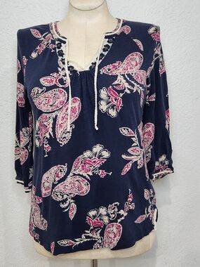 Lucky Brand Navy Paisley Tie-Neck Tunic with Pink & Cream Accents